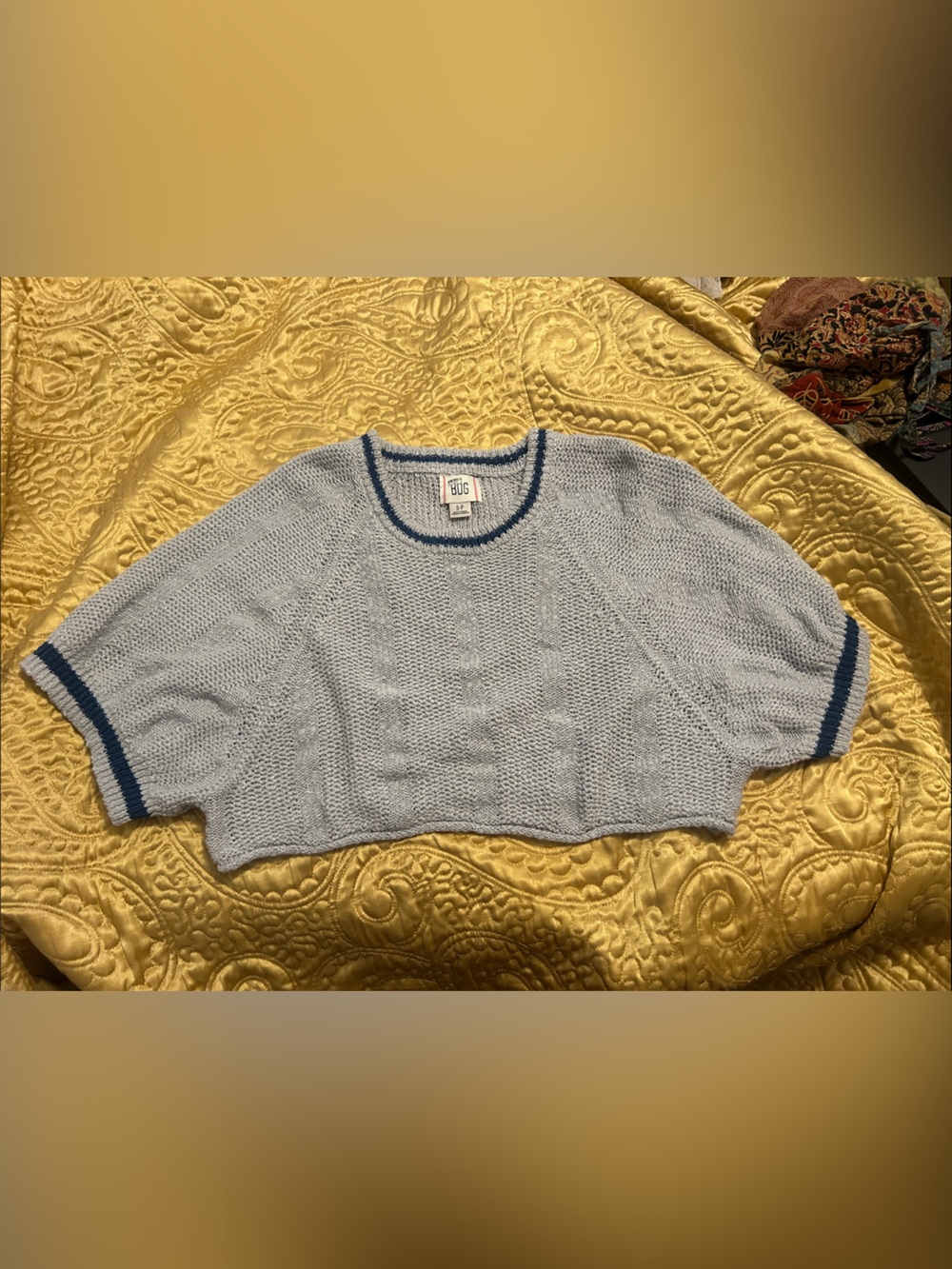 BDG Light Blue Cropped Crewneck Sweater with Navy Trim
